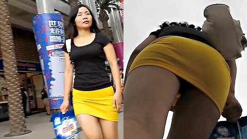 Yellow mini skirt up skirt