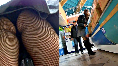 Awesome fishnet pantyhose upskirt