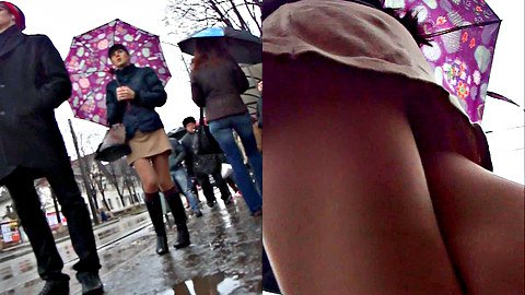 Great outdoor upskirts on a rainy day