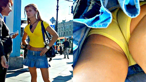 Alluring yellow panties are visible in the upskirt video