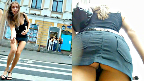 A voyeur takes upskirt shots while walking in the streets